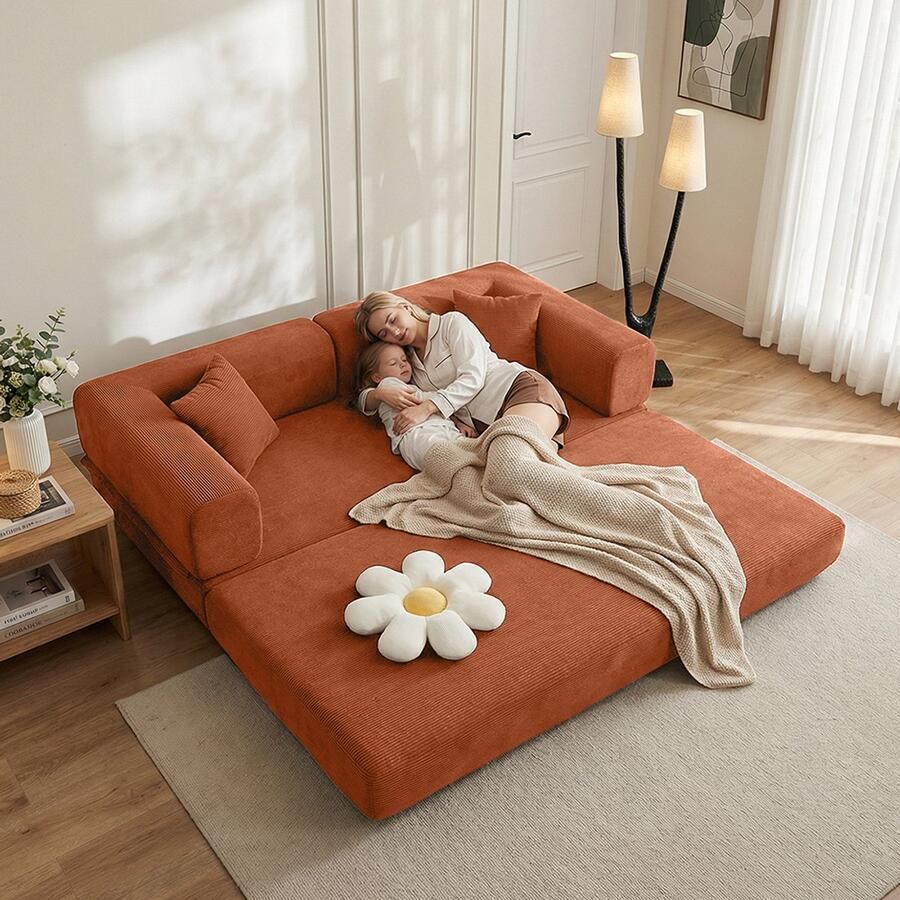 Pugsdrly Converteerbare slaapbank Met cilindervormig kussen Gemaakt van corduroy Opvouwbare matrasbank Met vast frame Vloerbank Loungebank Voor woonkamer slaapkamer lounge en studio In oranjerood - Foto 2