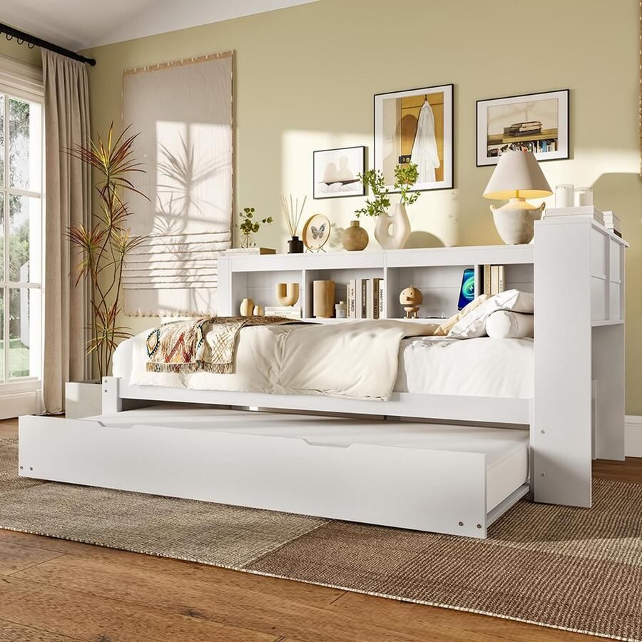 Pugsdrly Dagbed 90 x 200 cm slaapbank dagbed met uitschuifbaar bed met stopcontact en 2 USB-poorten bed met lattenbodem (zonder matras) spaanplaat wit