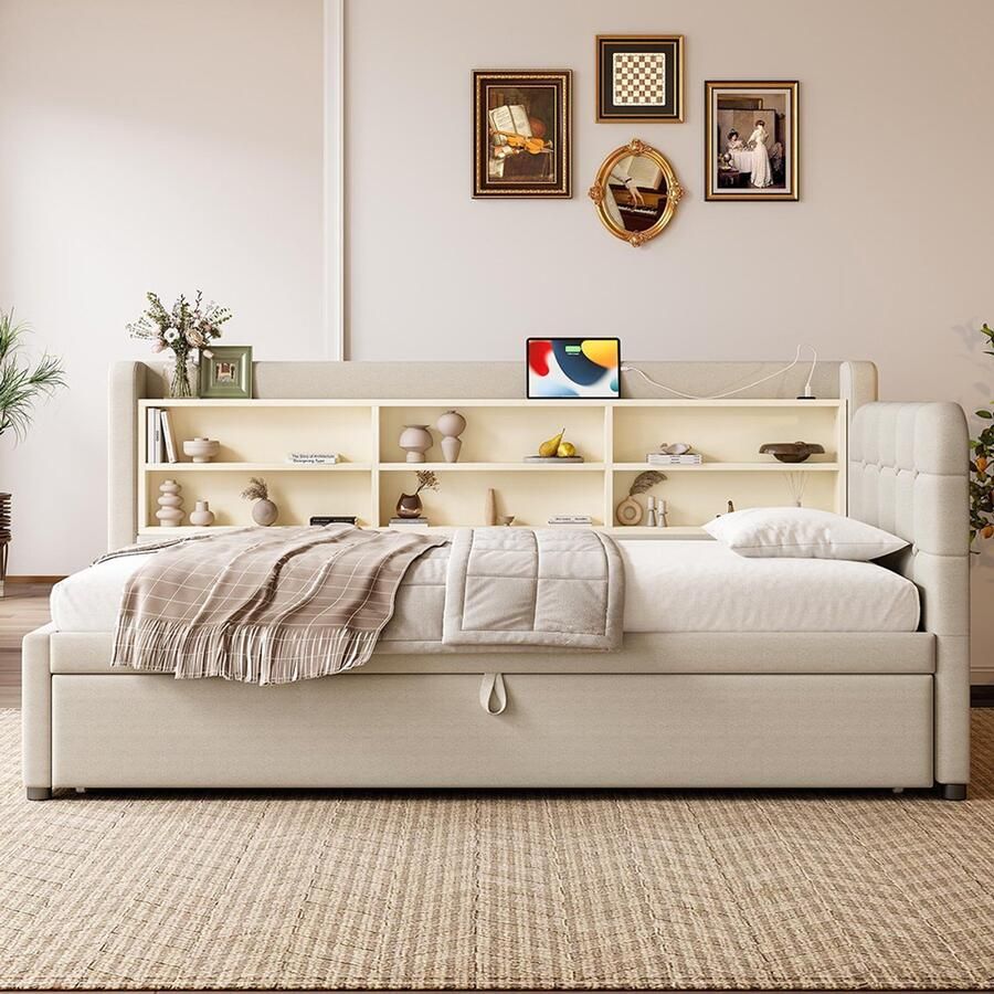 Pugsdrly Dagbed Slaapbank 90 x 200 cm (uitgeschoven: 180 x 200 cm) Meerdere opbergruimtes Met lattenbodem Uitschuifbaar multifunctioneel ontwerp Met USB- en Type-C-poort Zonder matras Linnen Beige - Foto 2