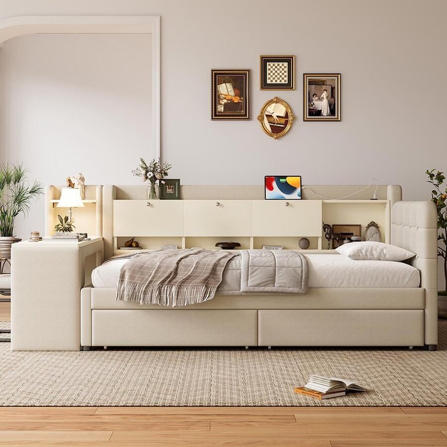 Pugsdrly Dagbed 90*200 cm dagbed slaapbank met 2 lades bureau USB + Type C opklapbaar opbergvak bed met lattenbodem (zonder matras) linnengoed beige gestoffeerd bed