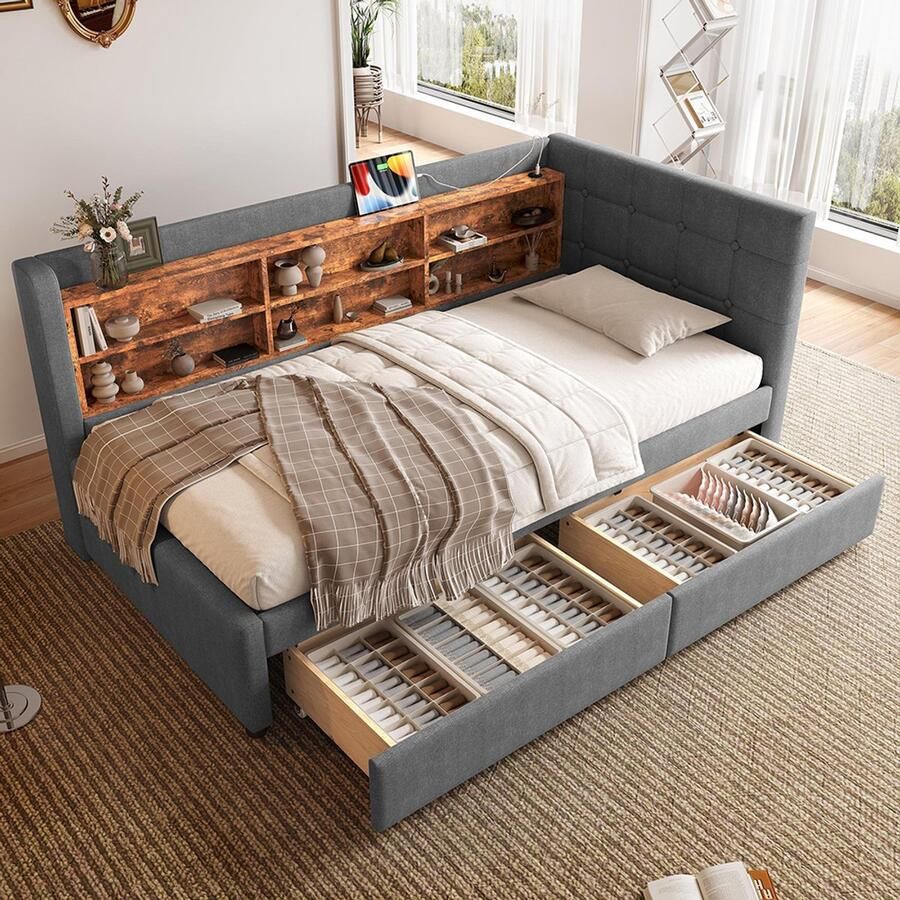 Pugsdrly Dagbed Slaapbank 90 x 200 cm Meerdere opbergruimtes met 2 lades Met USB- en Type-C-poort Met lattenbodem Zonder matras Linnen Grijs