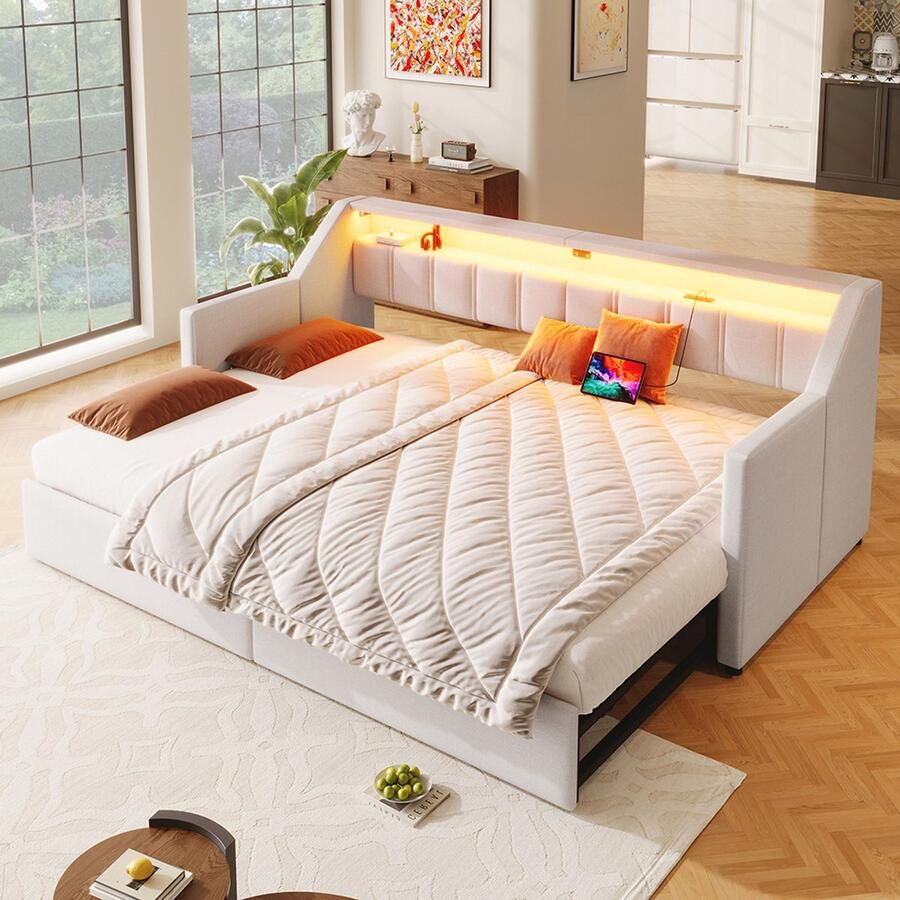 Pugsdrly Dagbed slaapbank 90 x 200 cm met USB en Type-C ledstrip met afstandsbediening met 2 lades opbergvakken multifunctioneel uitschuifbed zonder matras beige