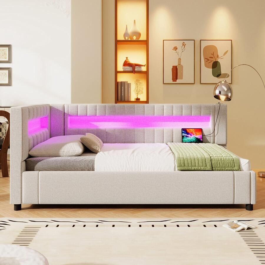 Pugsdrly Dagbed slaapbank 90*200 cm led-lichtstrip met afstandsbediening aan het voeteneinde hydraulische vering zonder matras USB + TYPE-C linnen beige