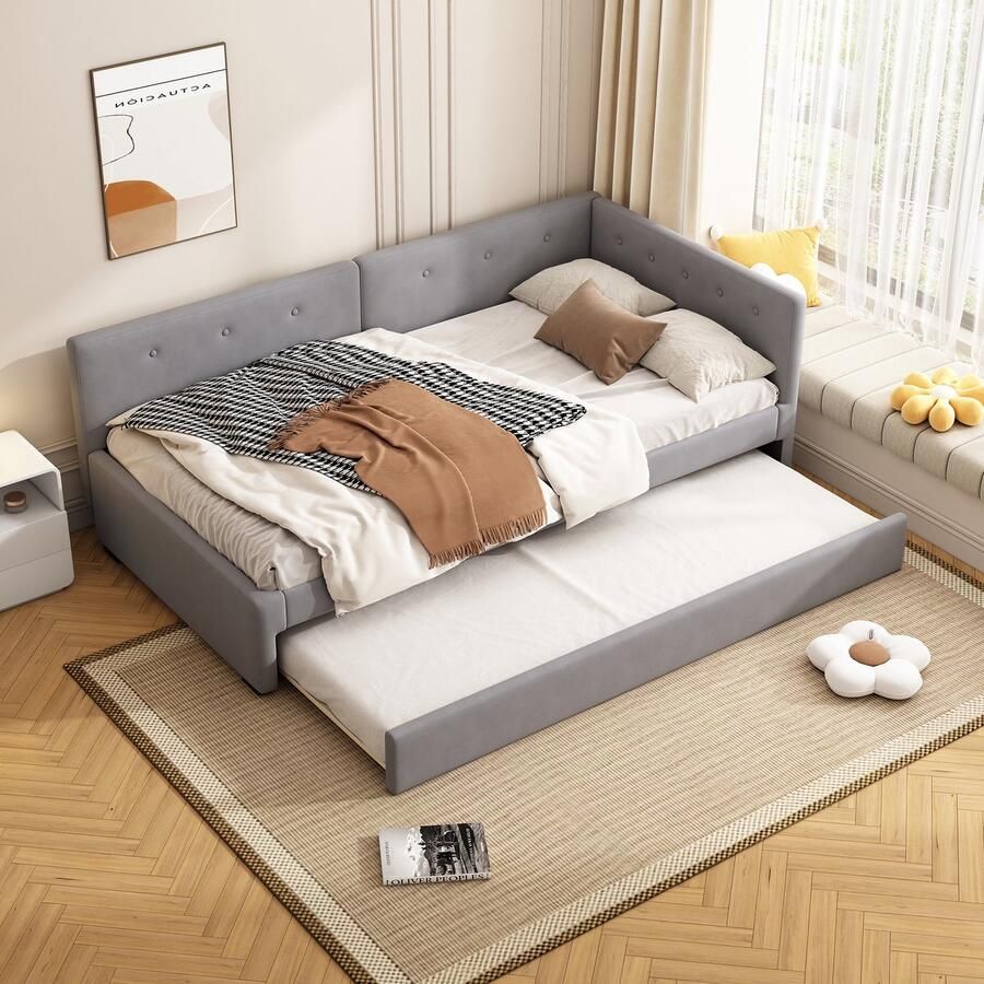 Pugsdrly Daybed 90 x 200 cm dagbed met rolbed slaapbank eenpersoonsbed (zonder matras) minimalistische stijl grijs