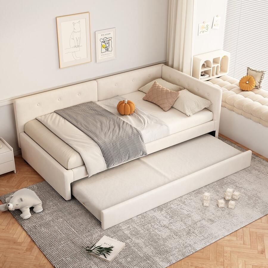 Pugsdrly Daybed 90 x 200 cm dagbed met rolbed slaapbank eenpersoonsbed (zonder matras) minimalistische stijl beige