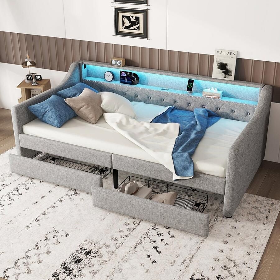 Pugsdrly Daybed 90 x 200 cm slaapbank dagbed met lattenbodem (zonder matras) sfeerverlichting met afstandsbediening bed met twee lades USB-oplaadpoort linnen grijs