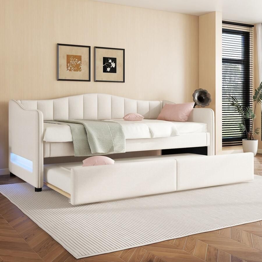 Pugsdrly Daybed 90x200cm dagbed met uitschuifbaar bed slaapbank eenpersoonsbed (zonder matras) sfeerverlichting linnen minimalistische styling beige