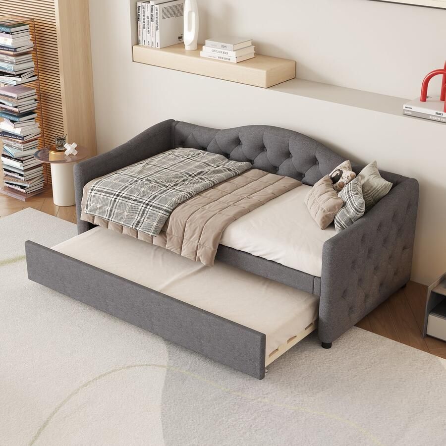 Pugsdrly Daybed 90x200cm Daybed met uitschuifbaar bed slaapbank eenpersoonsbed (zonder matras) linnen minimalistische styling grijs