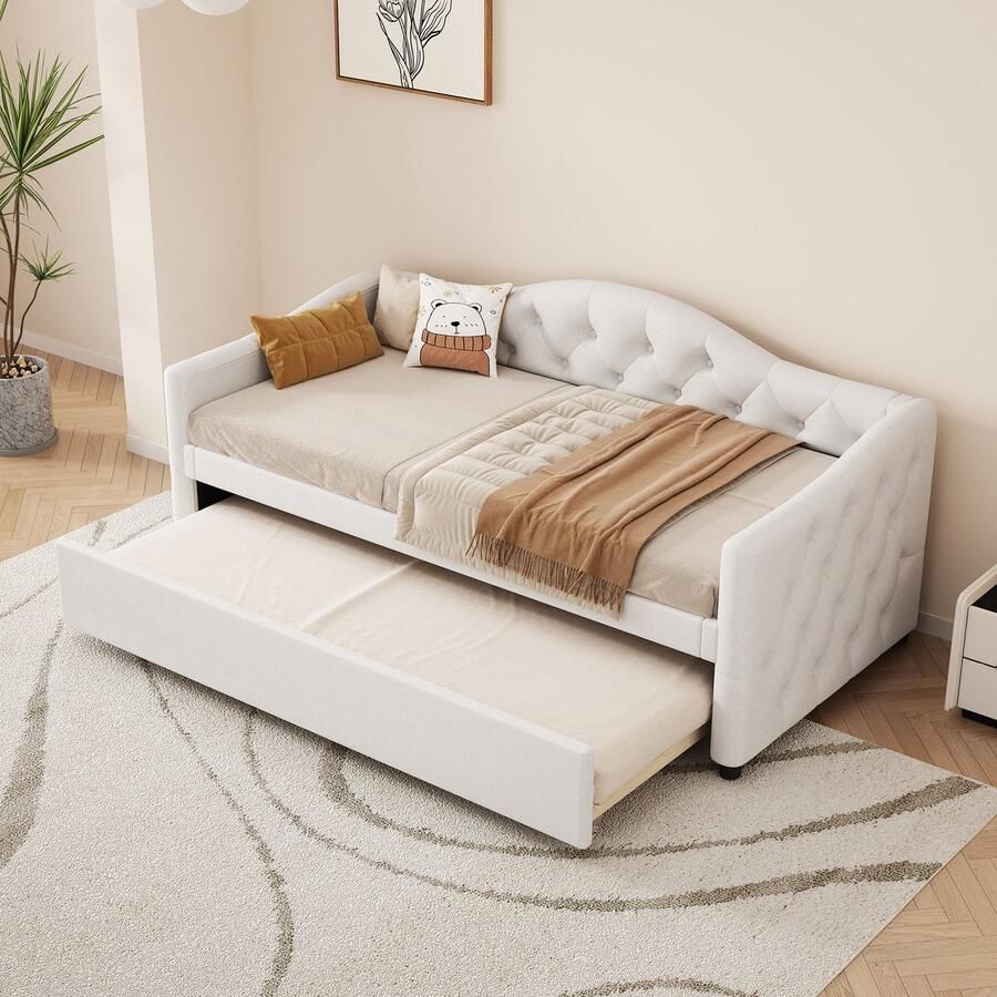 Pugsdrly Daybed 90x200cm Daybed met uitschuifbaar bed slaapbank eenpersoonsbed (zonder matras) linnen minimalistische styling beige