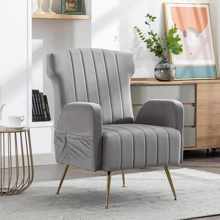 Pugsdrly Decoratieve COOLMORE-stoel van fluweel met gouden metalen poten gestoffeerde fauteuil bijzetstoel eenvoudige relaxte bank leesfauteuil voor in de woonkamer slaapkamer of kantoor zacht en comfortabel hoge rugleuning