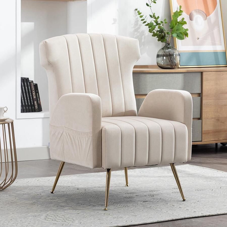 Pugsdrly Decoratieve fauteuil met gewatteerde rugleuning in fluweel met gouden metalen poten gestoffeerde fauteuil bijzetstoel eenvoudige relaxte bank leesfauteuil voor de woonkamer slaapkamer of kantoor zacht en comfortabel