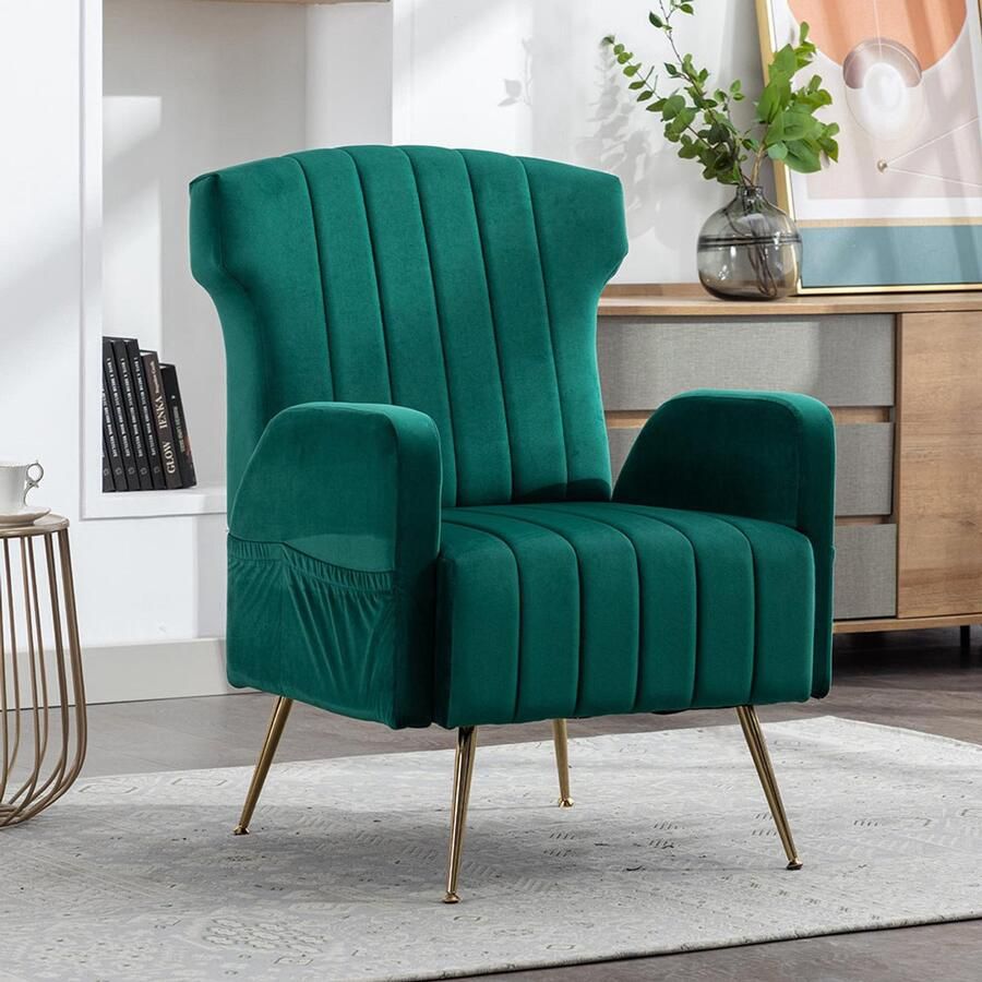 Pugsdrly Decoratieve fluwelen fauteuil met gewatteerde rugleuning en goudkleurige metalen poten gestoffeerde fauteuil bijzetstoel relaxte eenpersoonsbank fauteuil voor de woonkamer slaapkamer of kantoor zacht en comfortabel