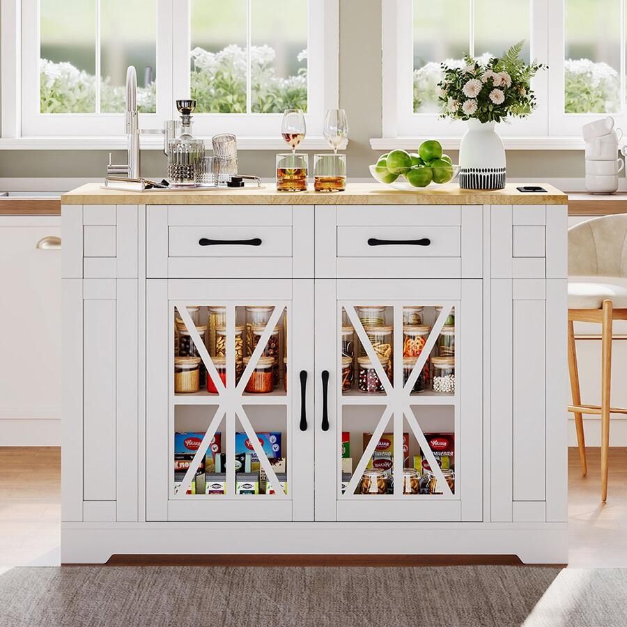 Pugsdrly Draagbare keukeneiland van 120 cm met opklapbare eettafel open plank stopcontact USB-aansluiting glazen deur verstelbaar laminaat wielen met remmen voor in de keuken eetkamer woonkamer en nog veel meer