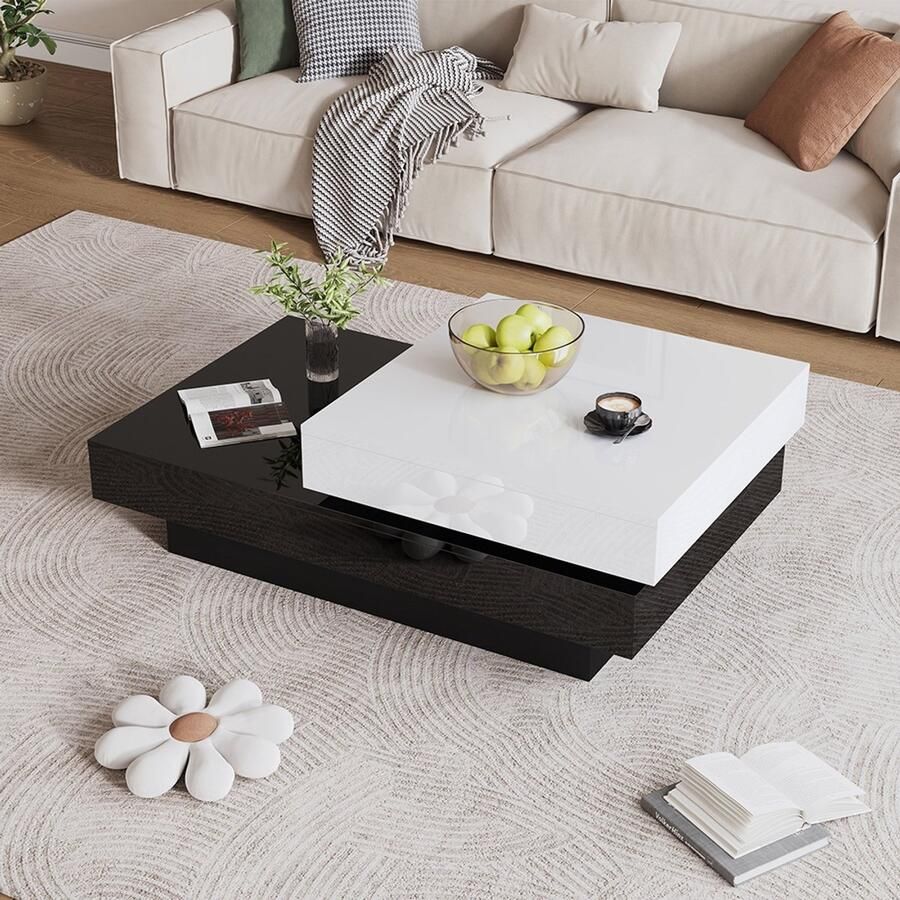 Pugsdrly Draaibare salontafel met zwarte en witte naden moderne en eenvoudige salontafel met glanzend oppervlak dubbellaagse salontafel van spaanplaat geschikt voor de woonkamer van een appartement
