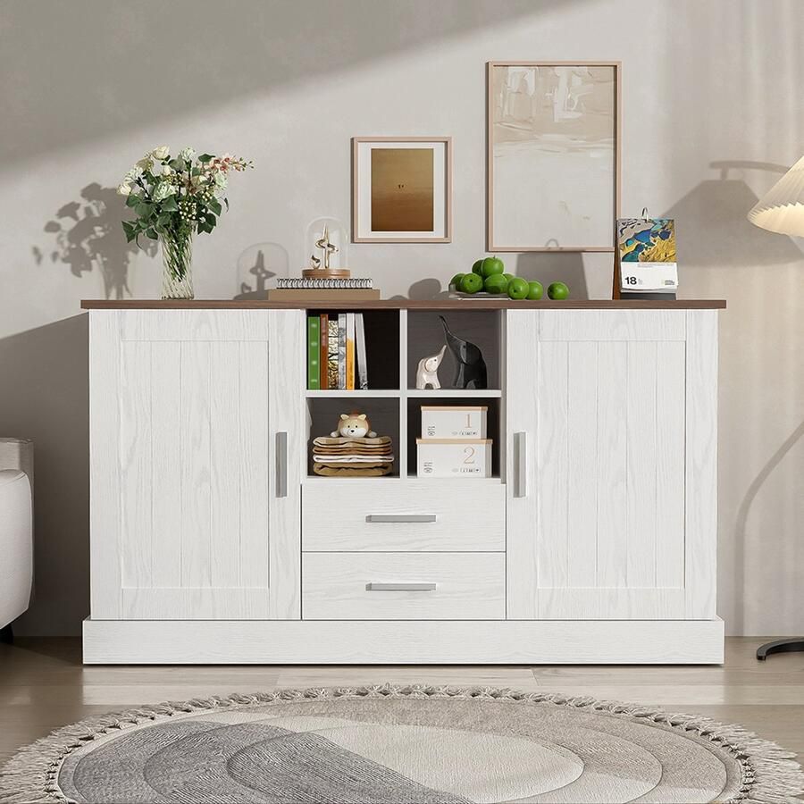 Pugsdrly Dressoir 140 x 40 x 79 5 cm witte en bruine houtnerf 2 deuren 2 laden