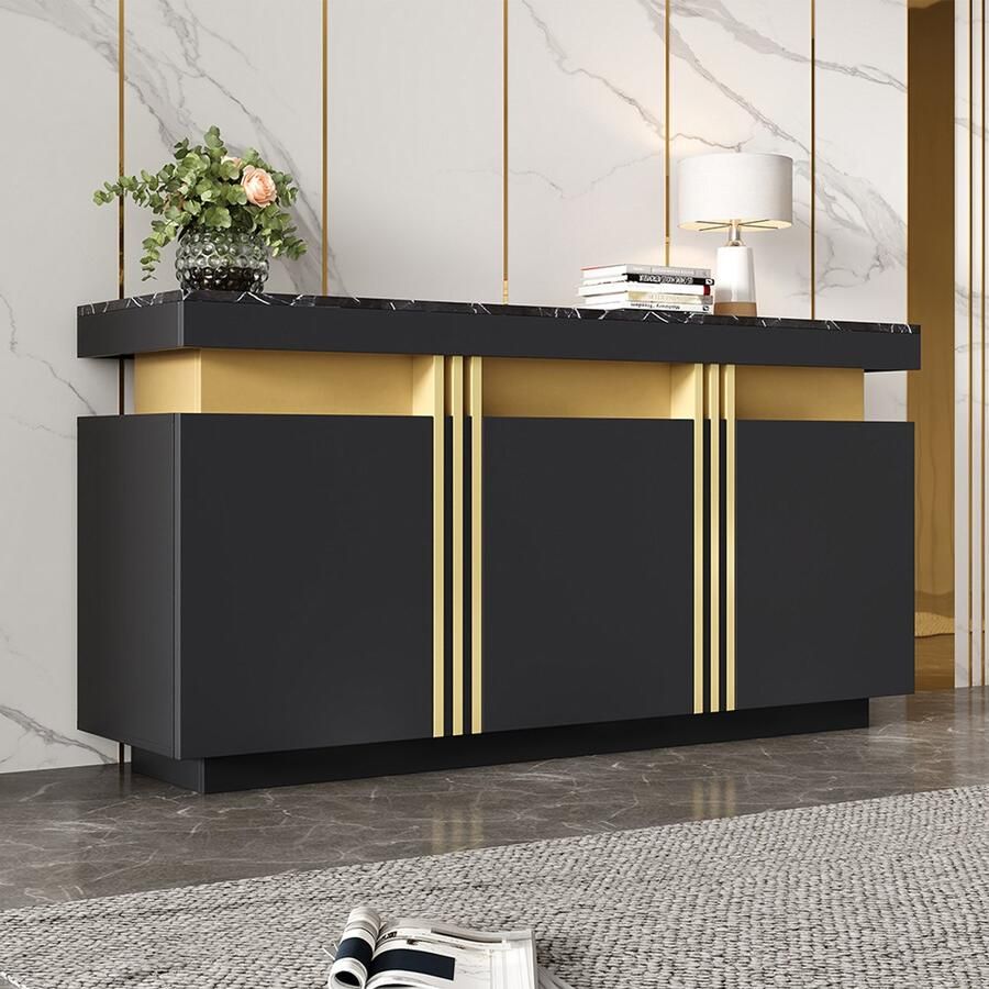 Pugsdrly 140*38*70cm Modern zwart dressoir 3 deuren eetkamermeubel met verstelbare schotten perfect voor de keuken woonkamer eetkamer gang zwart en goudkleurig brede vakken zonder handgrepen