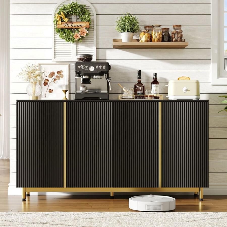 Pugsdrly Buffetkast 150 cm buffetkast met golvende en gegroefde deuren verstelbare metalen poten moderne eettafel stabiel geschikt voor de eetkamer keuken en woonkamer – zwart