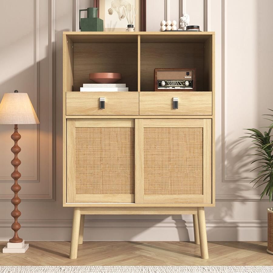 Pugsdrly Dressoir 80x39 5x120 cm deuren van echt gevlochten rotan twee laden twee deuren en twee open compartimenten tafelpoten van 18 cm hoog