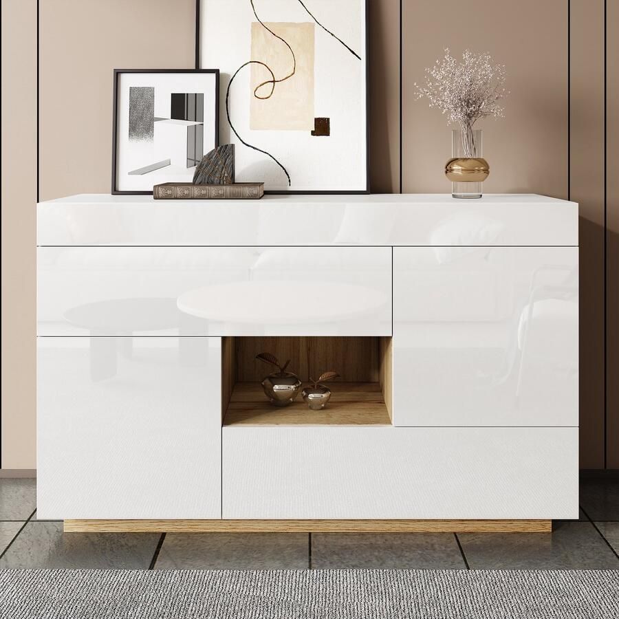 Pugsdrly Dressoir glanzend dressoir vitrine met kleurveranderende ledverlichting met lades