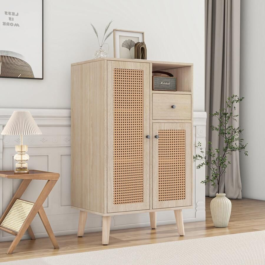 Pugsdrly Dressoir in houtlook 2 rotan deuren 1 lade hoekkast commode staande kast Opbergkast Dressoir met grote opbergruimte 60*40*101 cm