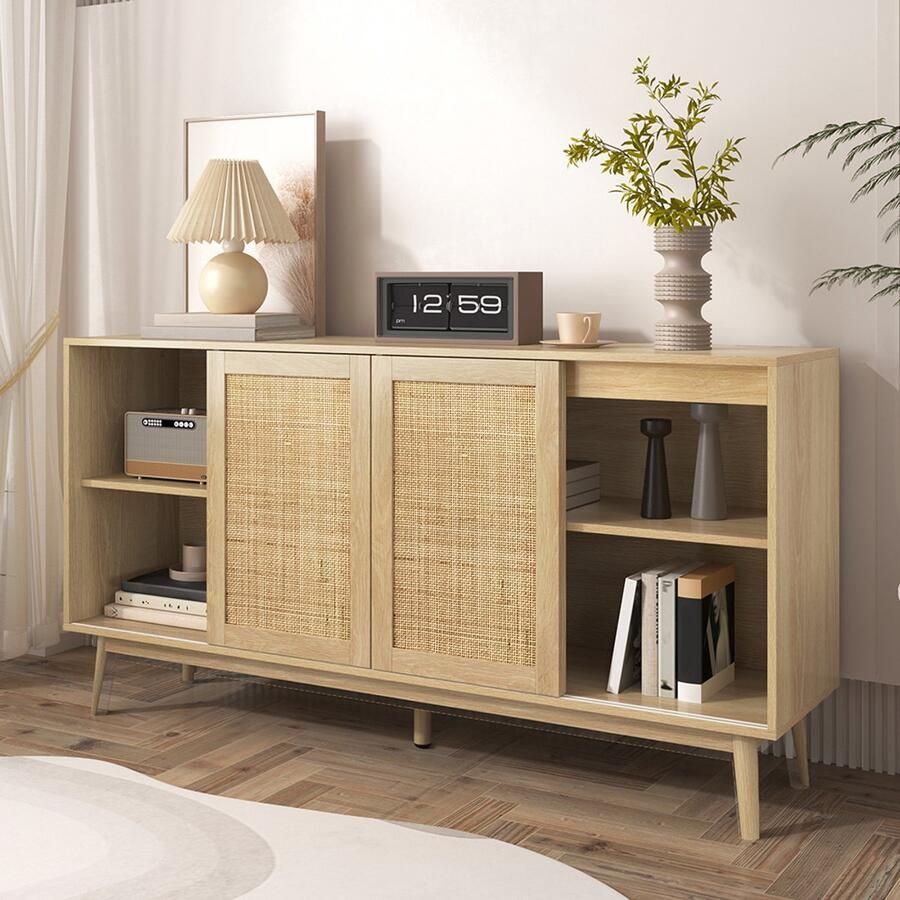 Pugsdrly Dressoir met 3 schuifdeuren van echt rotan en 2 lades 155x38x80 cm ademend stabiel en veelzijdig