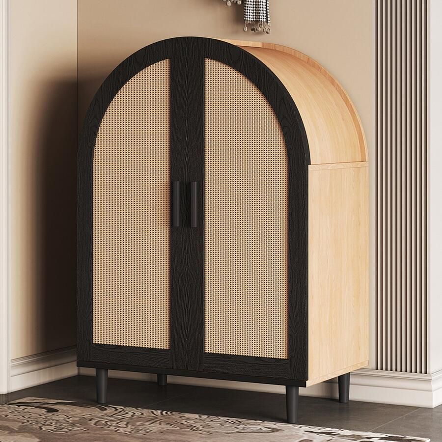 Pugsdrly Elegante dressoir schoenenkast met afgeronde buitenkant opengewerkte rotan deuren en drie legplanken