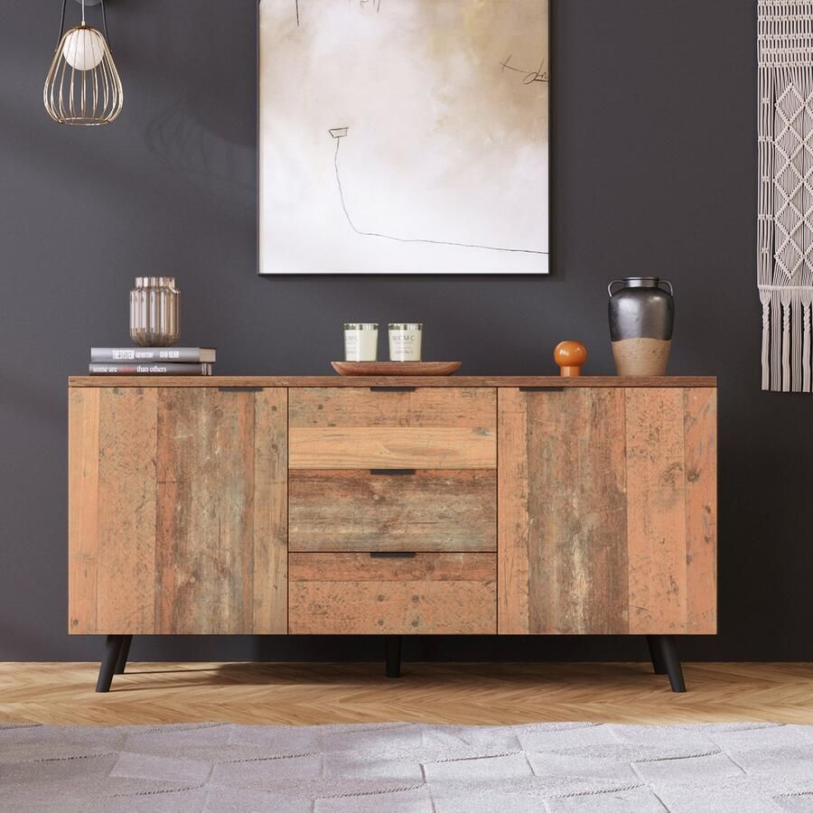 Pugsdrly Dressoir tv-kast met verstelbare planken ladekast verticale kast opbergkast drie lades voor woonkamer eetkamer slaapkamer vintage bruin 140 cm