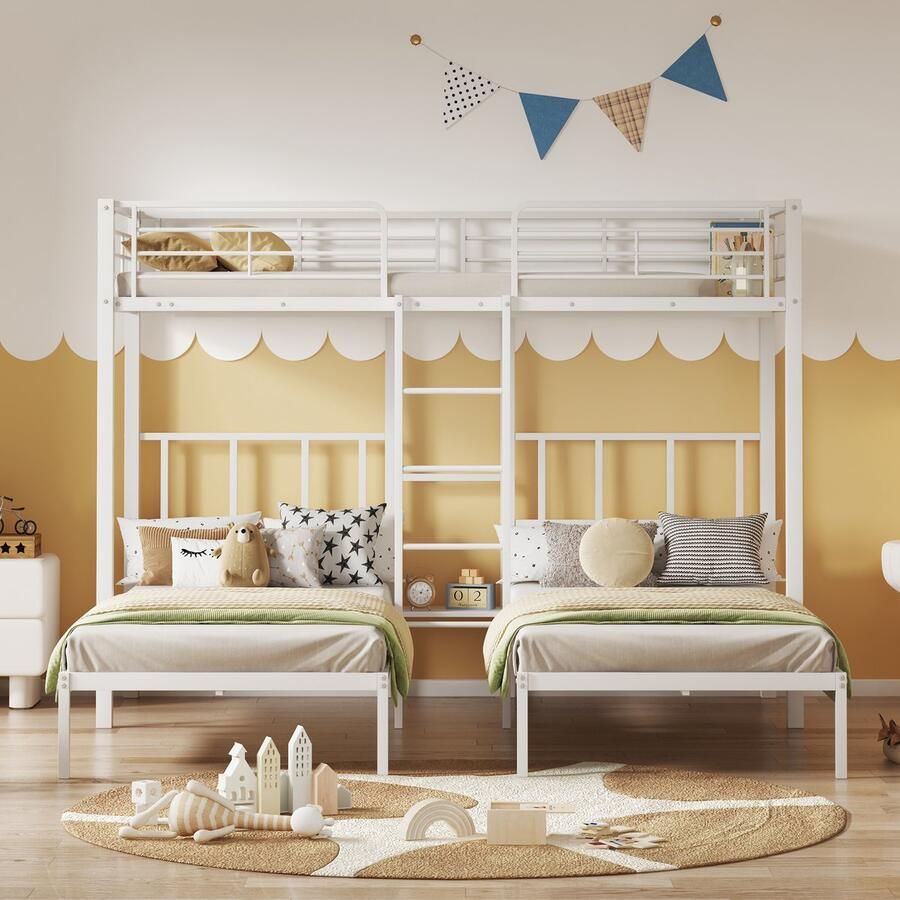 Pugsdrly Driepersoonsbed driedelig stapelbed met ladder voor kinderen en jongeren ijzeren bed met valbeveiliging en tafel wit 90x200cm*3