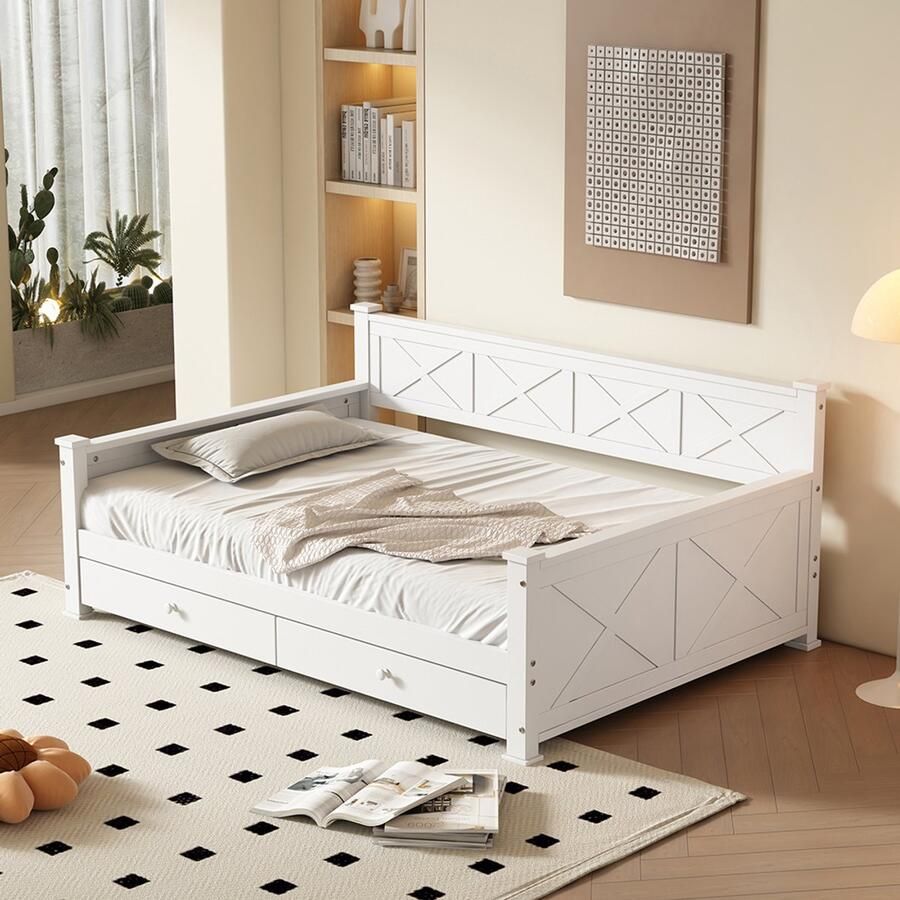 Pugsdrly Eenpersoonsbed Bed met 2 lades Plat bed Enkel bed 90x200 cm bed met lattenbodem zonder matras minimalistisch grenen houten bed wit