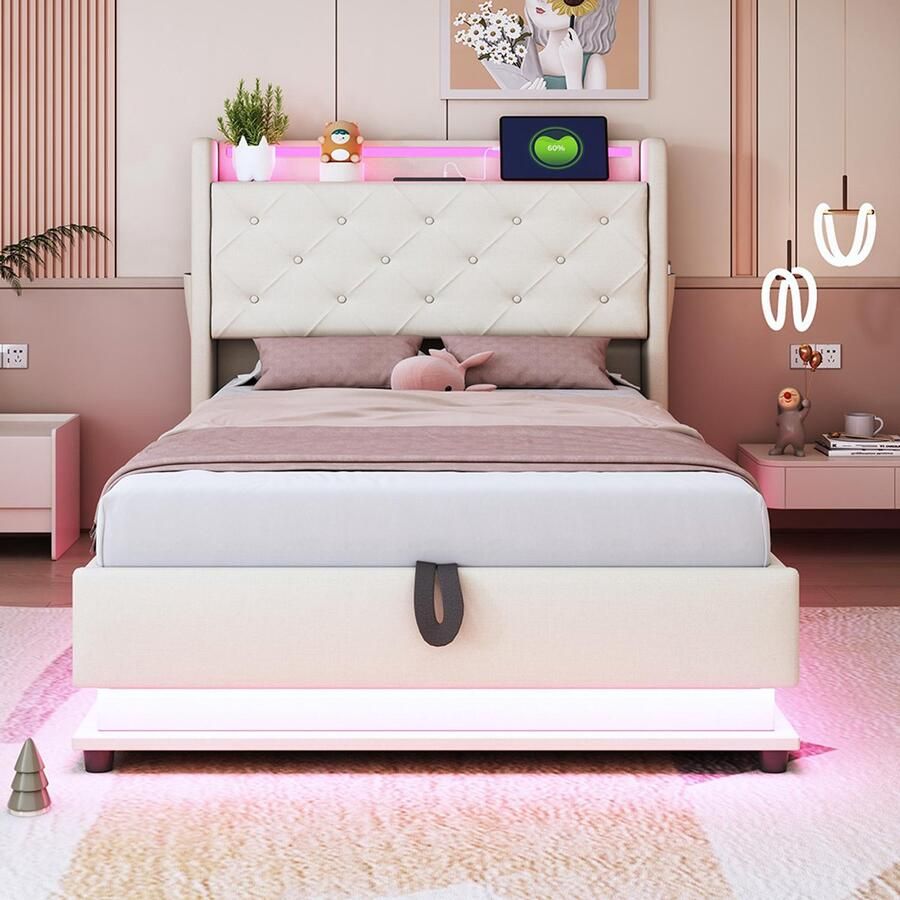 Pugsdrly Eenpersoonsbed Kinderbed bed 90x200 cm met kleurveranderlijke verlichting en USB-aansluiting opklapbaar hoofdeinde met hydraulische opbergruimte met beige linnen zak