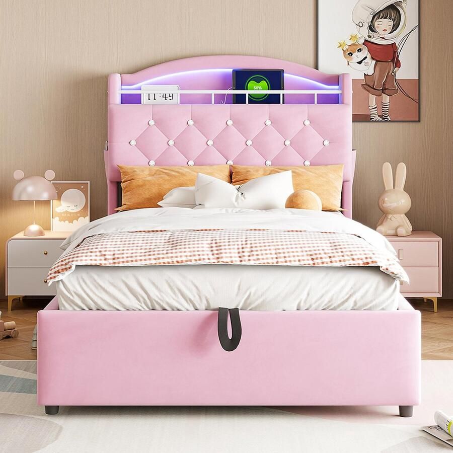 Pugsdrly Eenpersoonsbed Kinderbed bed 90x200 fluweel eenpersoons multifunctioneel bed met LED en USB-opbergruimte roze