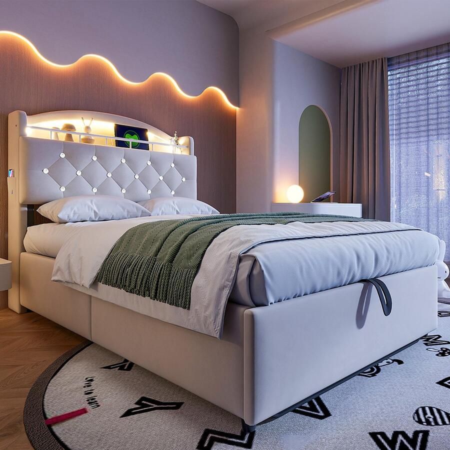 Pugsdrly Eenpersoonsbed Kinderbed bed 90x200 in fluweel multifunctioneel bed met LED en USB-opslagruimte beige