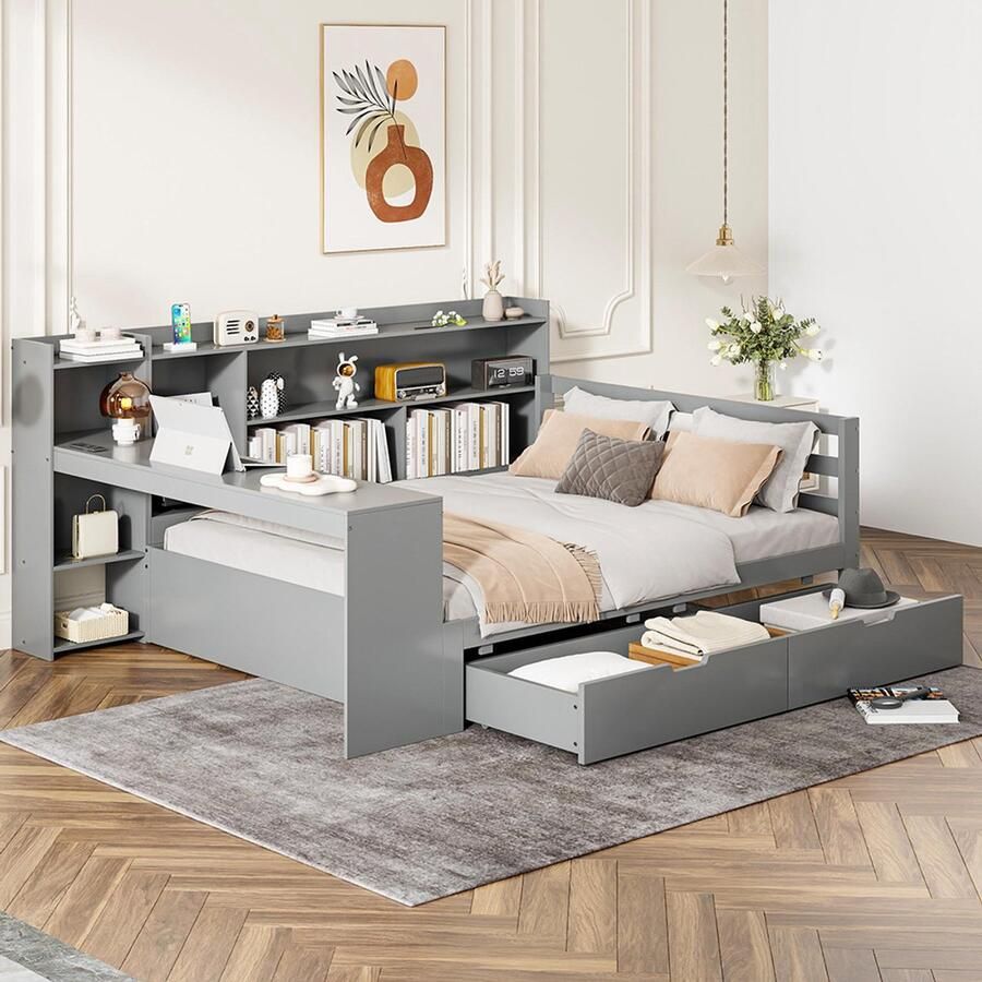 Pugsdrly Eenpersoonsbed Kinderbed bed Sofabed in massief hout 140x200 cm met bureau planken opbergvakken en planken met 2 grote opbergkasten grijs