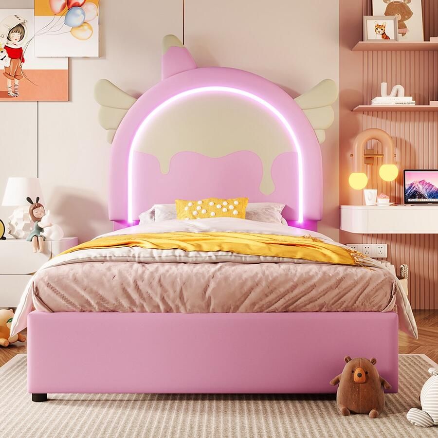 Pugsdrly Eenpersoonsbed Kinderbed Enkel bed 90 x 200 cm met lichtband bed met 2 lades eenhoornvorm PU roze