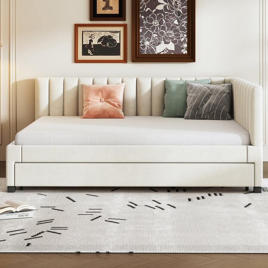 Pugsdrly Eenpersoonsbed Kinderbed Gekleurd bed 140x200 cm uitschuifbaar sofa bed met lattenbodem nestbed fluweel stof beige