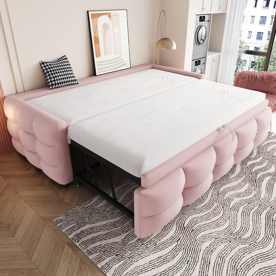 Pugsdrly Eenpersoonsbed Kinderbed Gekleurd bed Opvouwbaar bed Uitschuifbaar bed Nestbed 90 180x190 cm met lattenbodem multifunctioneel bed teddy fluweel stof roze