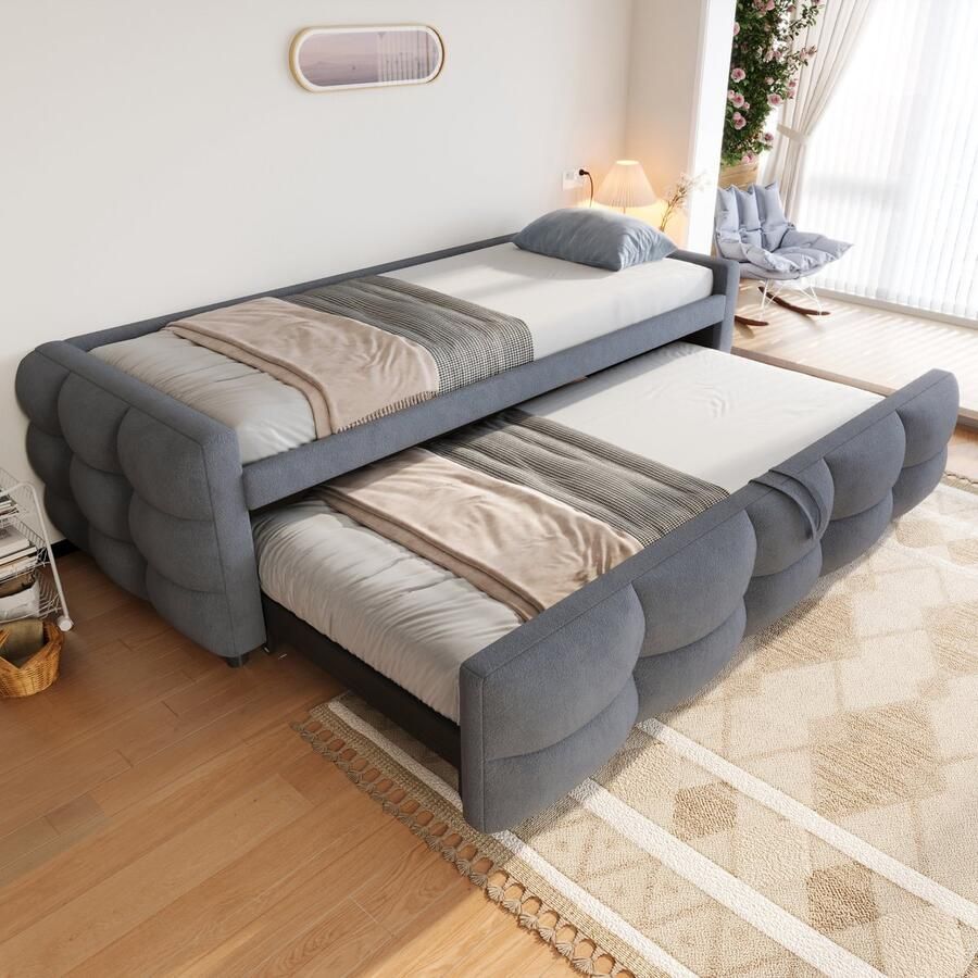 Pugsdrly Eenpersoonsbed Kinderbed Gekleurd bed Opvouwbaar bed Uitschuifbaar bed Nestbed 90 180x190 cm met lattenbodem multifunctioneel bed teddy fluweel stof grijs
