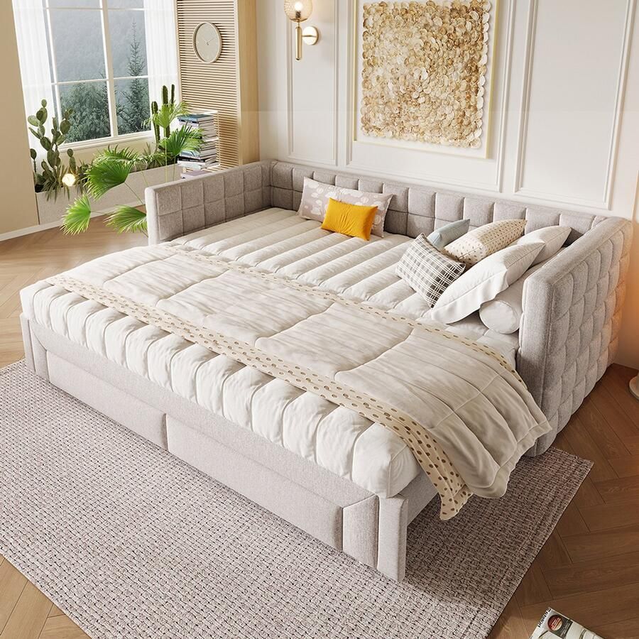 Pugsdrly Eenpersoonsbed Kinderbed met 2 lades Dagbed Enkel bed 90 x 200 cm sofa bed met vierkante rugleuning uitschuifbaar bed tot 180 cm beige