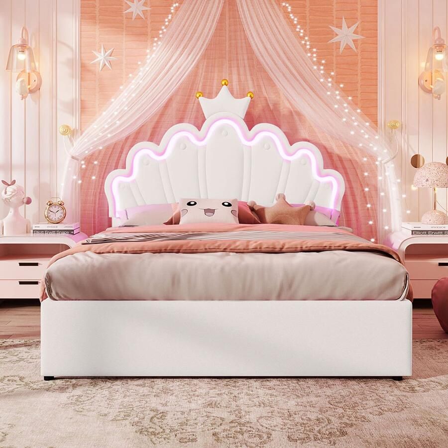 Pugsdrly Eenpersoonsbed Kinderbed met 2 lades Dubbel bed 140x200 cm afstandsbedienbare sfeerverlichting prinsessenbed in kroonvorm verstelbare hoofdeinde PU wit - Foto 2