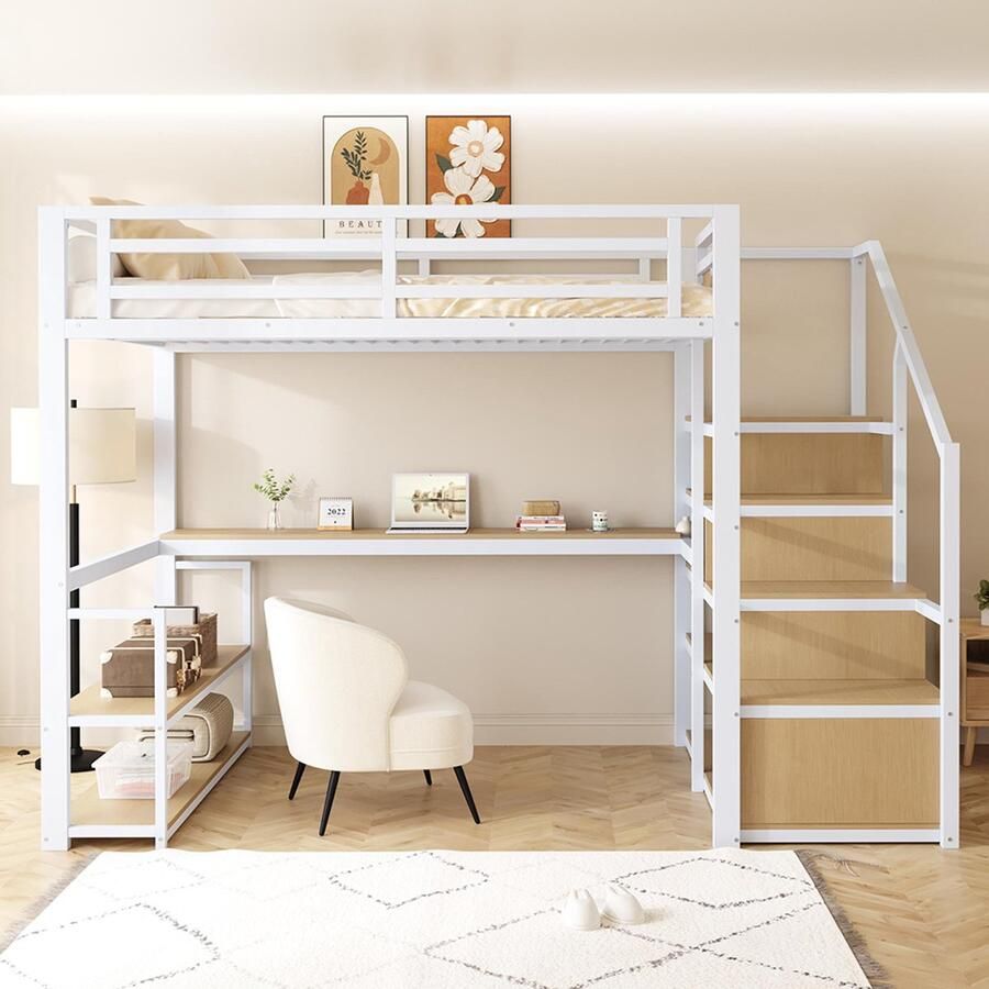 Pugsdrly Eenpersoonsbed Kinderbed Mezzaninebed in metaal 140x200 cm met opberg ladder planken en tafel ontwerp veiligheidshek voor stabiele ondersteuning wit