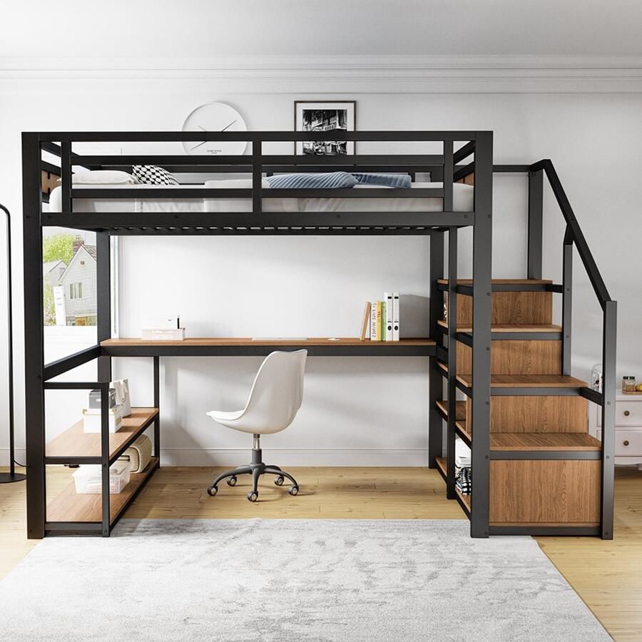 Pugsdrly Eenpersoonsbed Kinderbed Mezzaninebed in metaal 140x200 cm met opberg ladder planken en tafel ontwerp veiligheidshek voor stabiele ondersteuning zwart