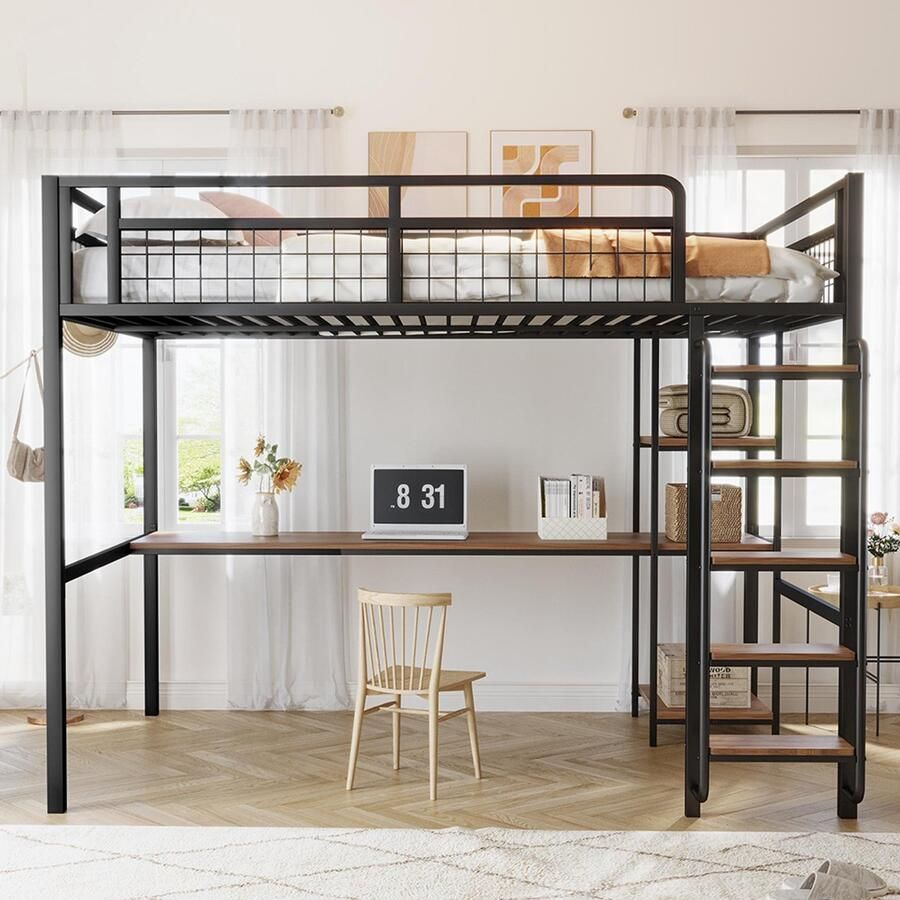 Pugsdrly Eenpersoonsbed Kinderbed Stapelbed dubbel 140x200 cm veiligheidsladder met trap tafel en plank metalen gaasveiligheidshek zwart