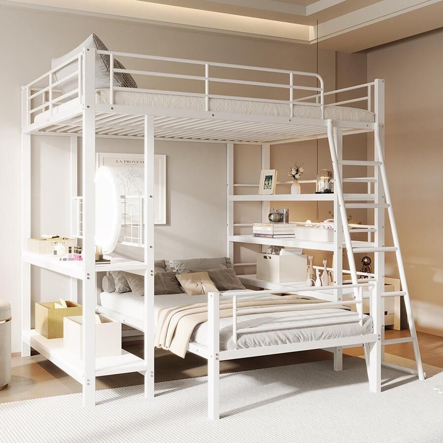 KOMHTOM Kinderbed Stapelbed met metalen frame mezzaninebed 140x200 cm bed met meerdere opbergvakken wit