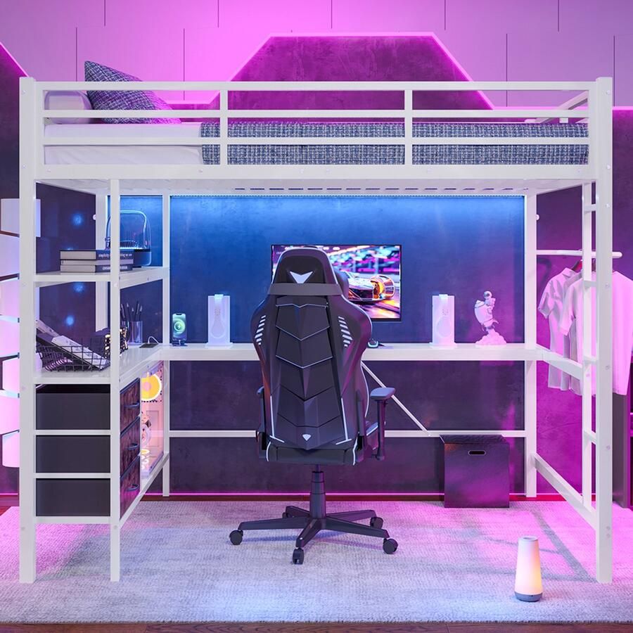 Pugsdrly Eenpersoonsbed Mezzaninebed Bed 140x200 cm afstandsbedienbare sfeerverlichting bureau stopcontact + USB 3 lades planken veiligheidshek trap wit