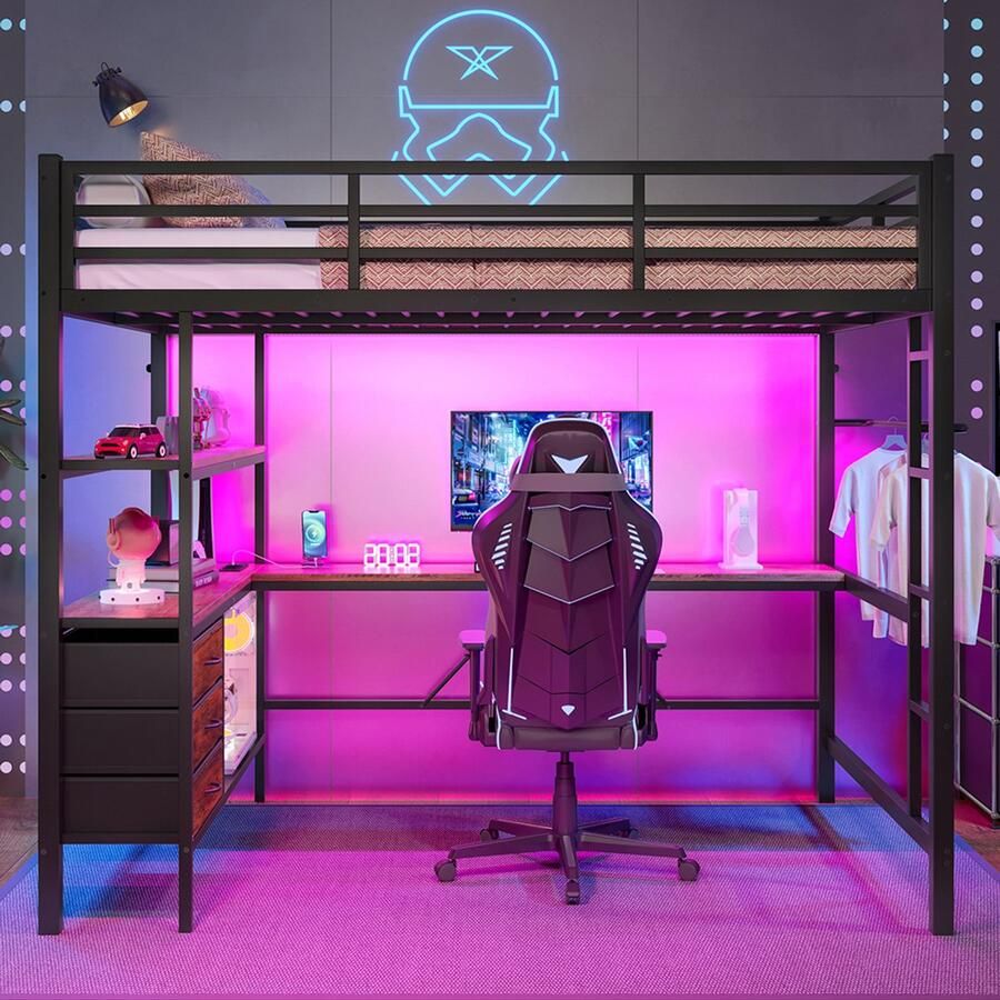 Pugsdrly Eenpersoonsbed Mezzaninebed Bed 140x200 cm afstandsbedienbare sfeerverlichting bureau stopcontact + USB 3 lades planken veiligheidshek trap zwart