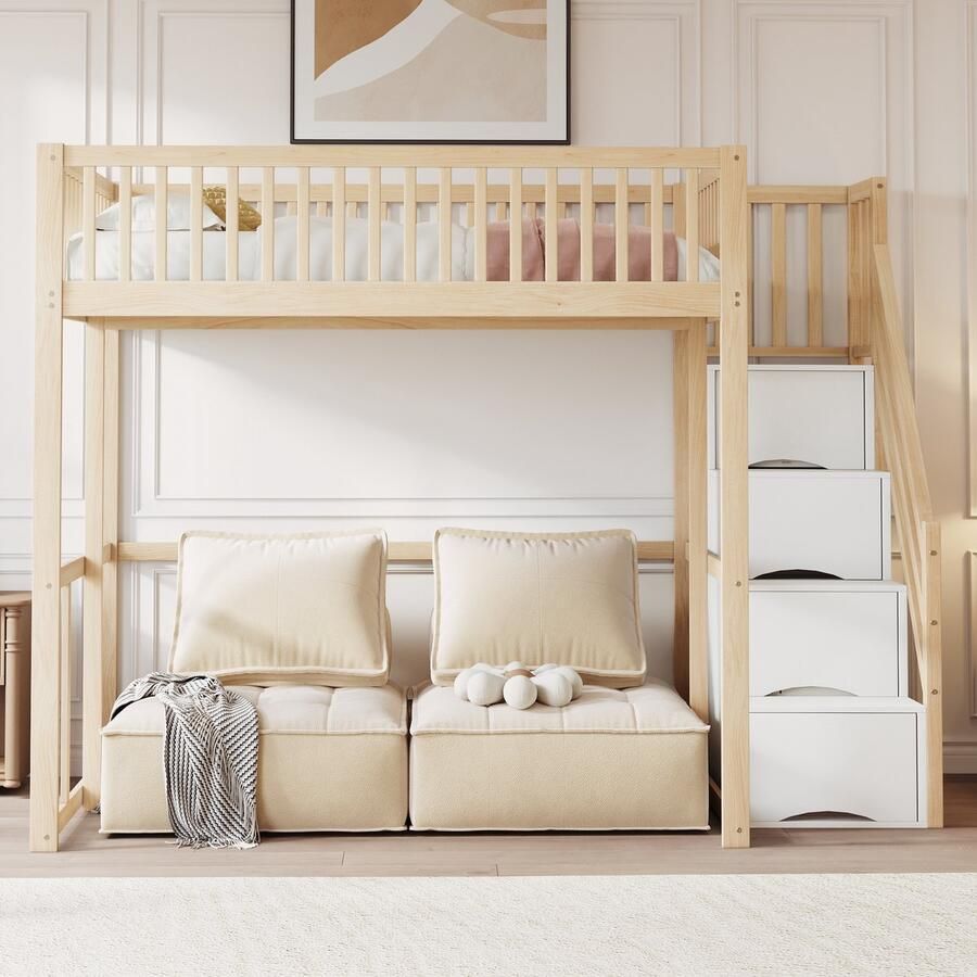 Pugsdrly Eenpersoonsbed Mezzaninebed bed 140x200 cm met veiligheidsladder bed van massief grenen geschikt voor kinderen en tieners houtkleur