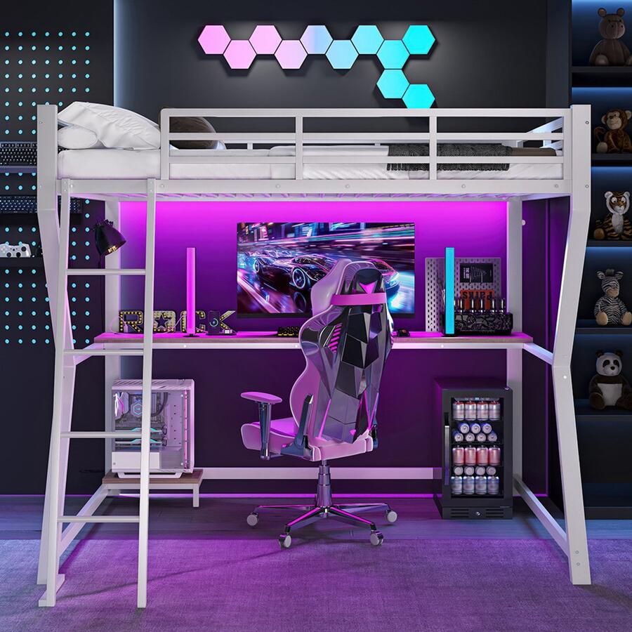 Pugsdrly Eenpersoonsbed Mezzaninebed Bed 90x200cm afstandsbedienbare sfeerverlichting bureaublad stopcontact + USB helling trap wit