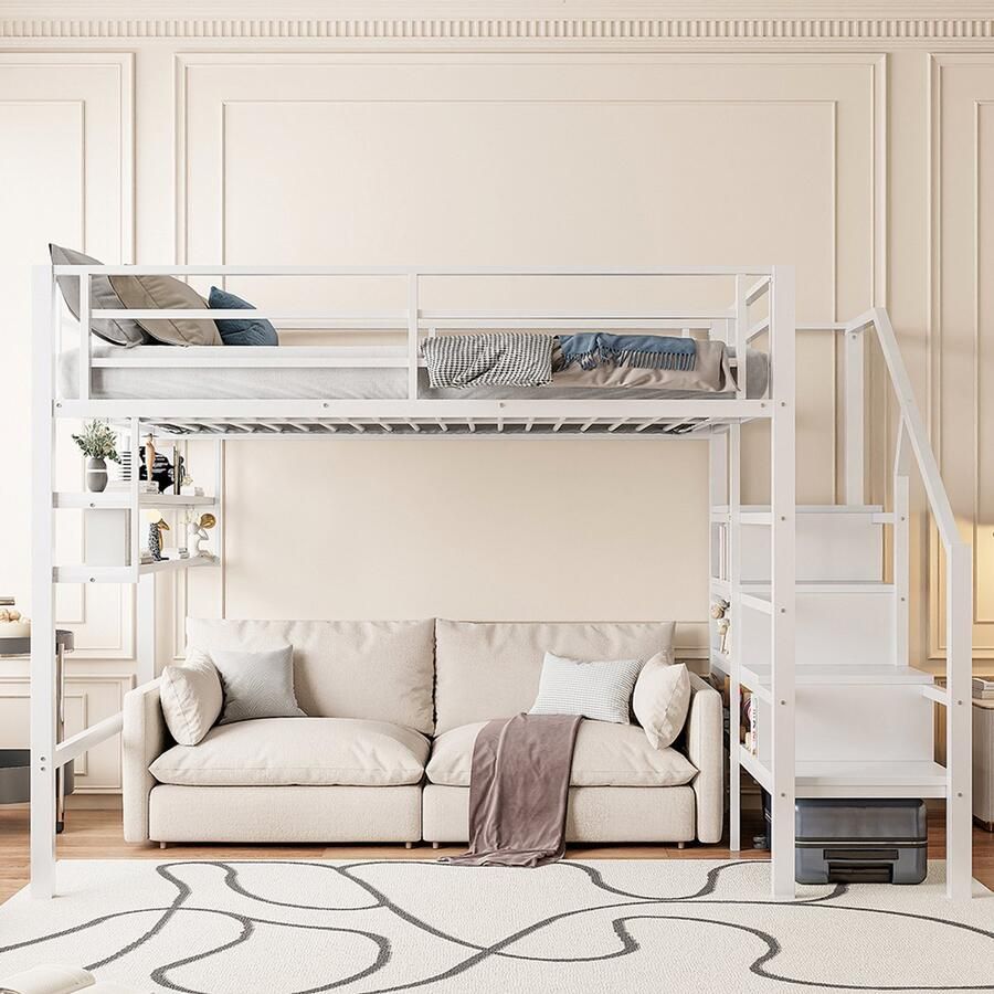 Pugsdrly Eenpersoonsbed Mezzaninebed Kinderbed 140x200 cm met planken opberg ladder vrije ruimte onder het bed voor aankleden veiligheidshek wit