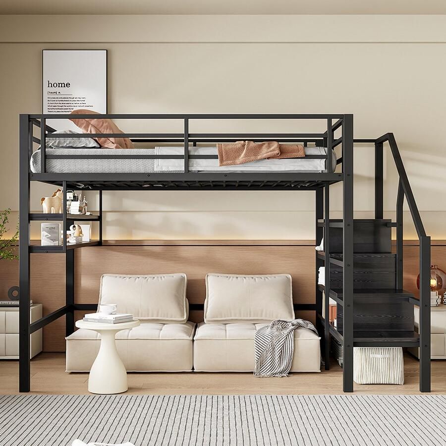 Pugsdrly Eenpersoonsbed Mezzaninebed Kinderbed 140x200 cm met planken opberg ladder vrije ruimte onder het bed voor aankleden veiligheidshek zwart