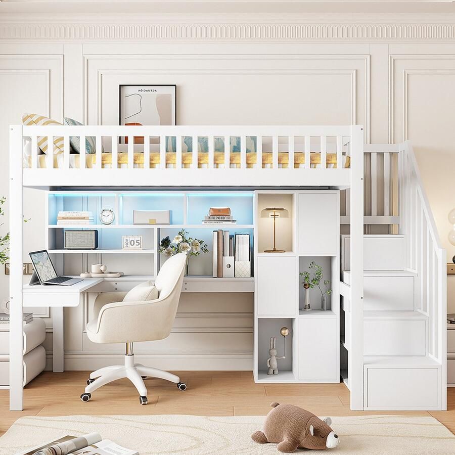 Pugsdrly Eenpersoonsbed Mezzaninebed Kinderbed 90x200 cm afstandsbedienbare sfeerverlichting opberg ladder planken opbergvakken bureau wit